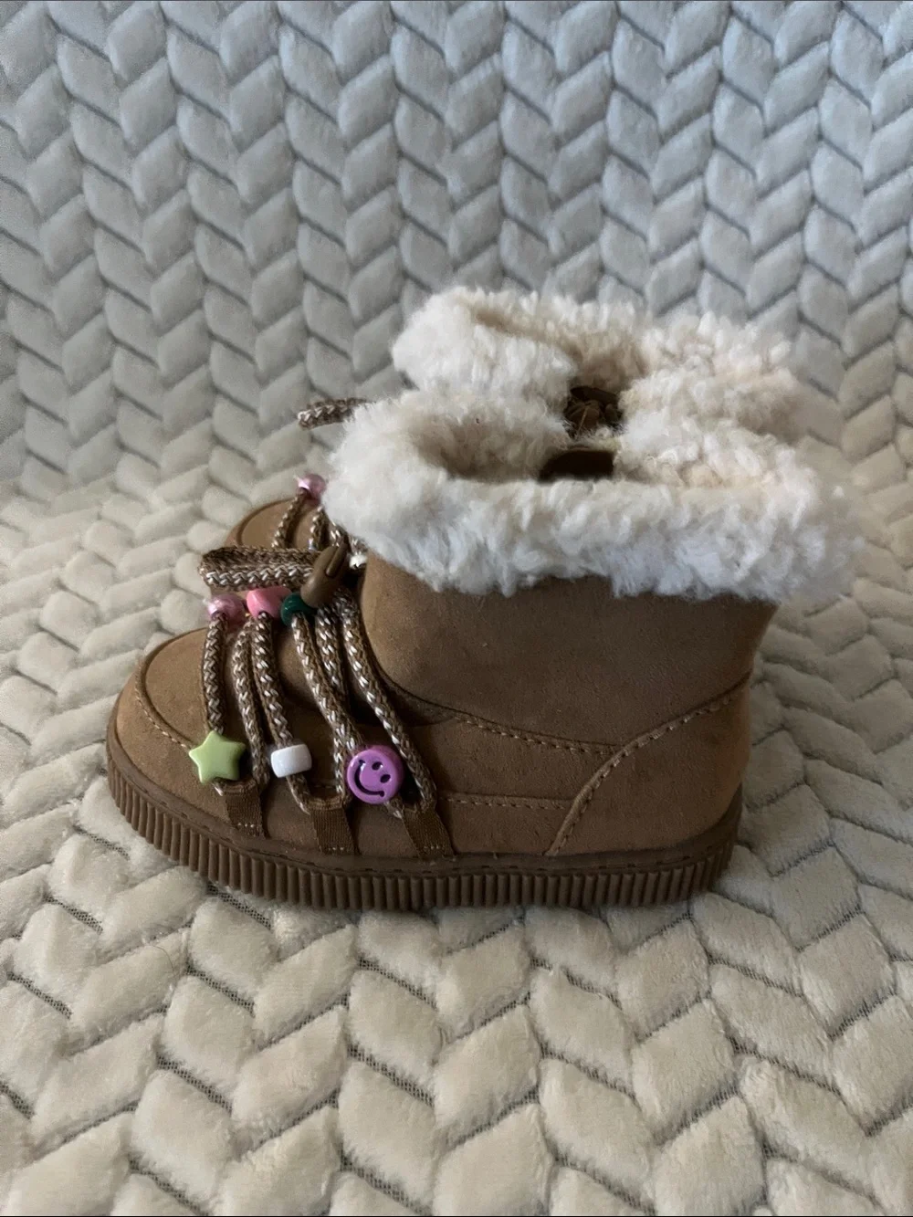 Cat & Jack Brown Faux-Shearling Kids Boots with Colorful Bead Charms